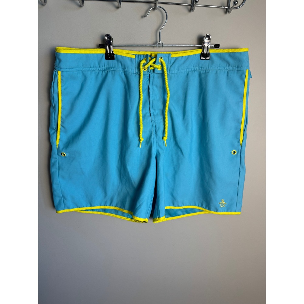 Original Penguin Mens Blue Yellow Swim Trunks 36 Board Shorts Beach Retro Surf